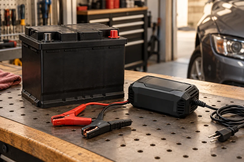 Аккумулятор и отключённое от сети зарядное устройство с раздельными зажимами